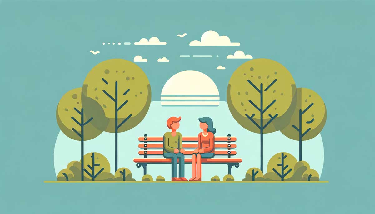 Two individuals making a first impression with small talk on a park bench under a clear blue sky, embodying casual American dating.