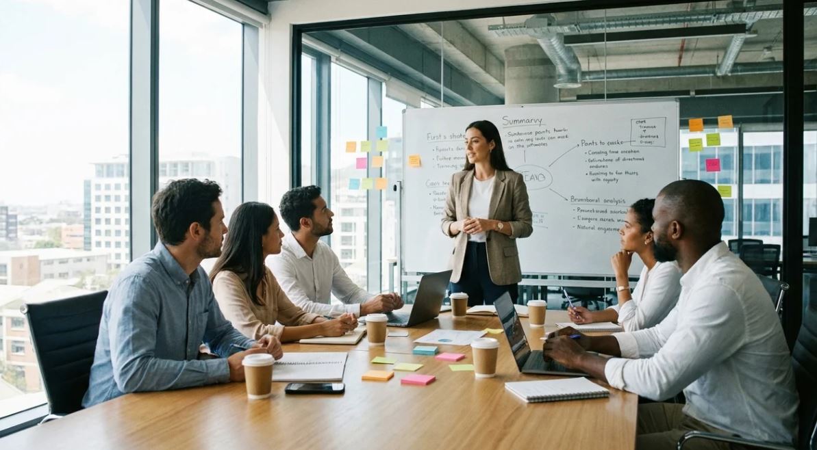 Team aligning on details after using “just to clarify” in workplace meeting.