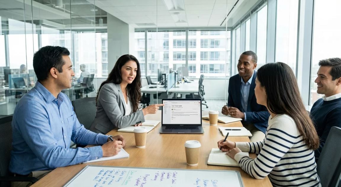 Business team discussing project details after reviewing email communication in office meeting.