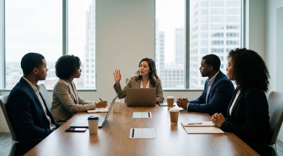 Employee contributing and interrupting politely in a team meeting discussion.