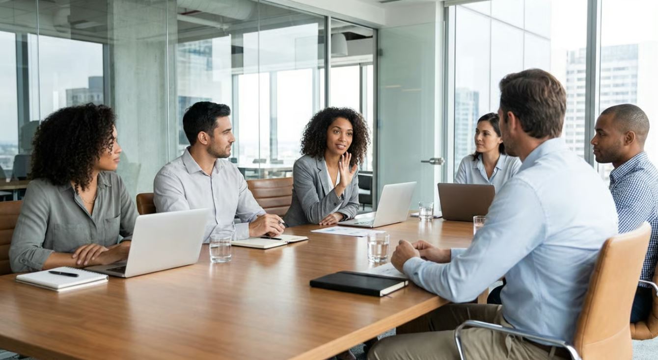 Team Meeting – Polite Interruption Employee asking someone to repeat at work politely during a team meeting.