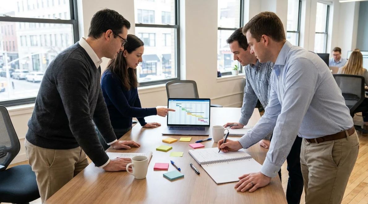 Team staying on schedule after receiving “just a reminder” message in workplace.