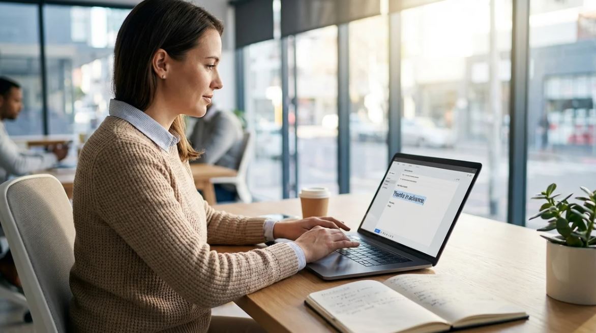 Professional reading and writing email using "thanks in advance" in modern office.