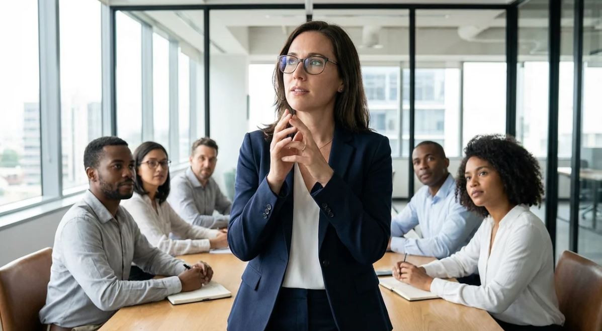 Professional carefully expressing opinion during team discussion in workplace meeting.