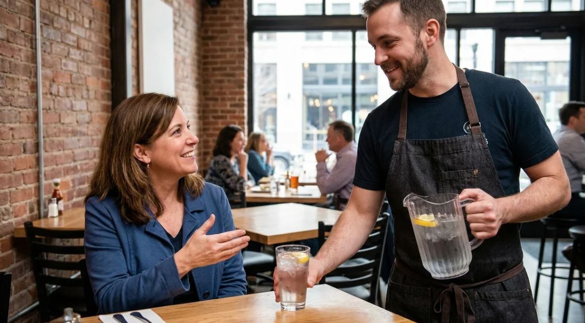 Customer saying thank you to a restaurant server in an American restaurant.