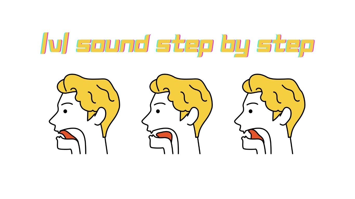 A step-by-step visual of mouth position for the /v/ sound, showing the lower lip lightly touching the upper teeth with airflow and vocal cord vibration.