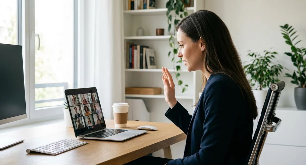 Professional interrupting politely during a virtual business meeting on Zoom.
