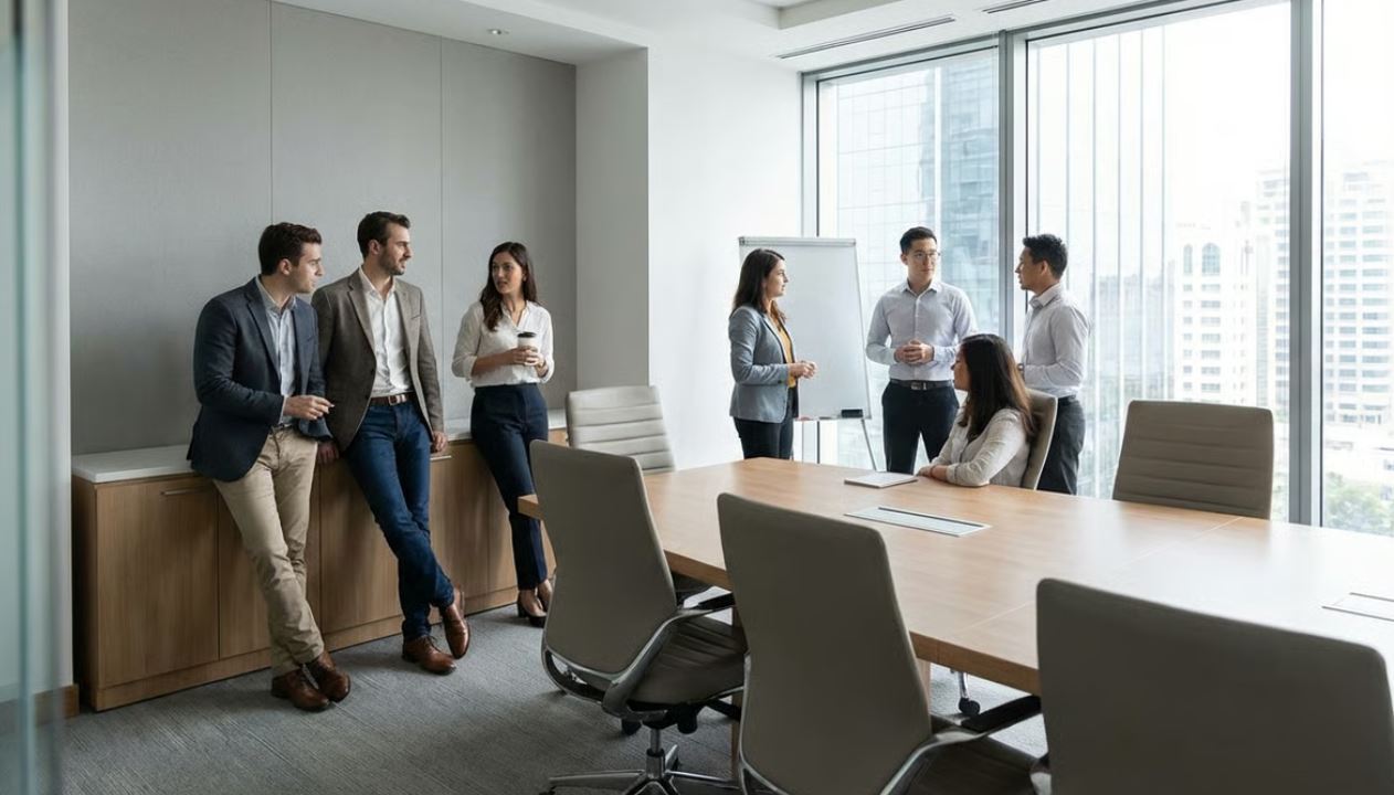Employees engaging in small talk at work while waiting for a meeting to begin.