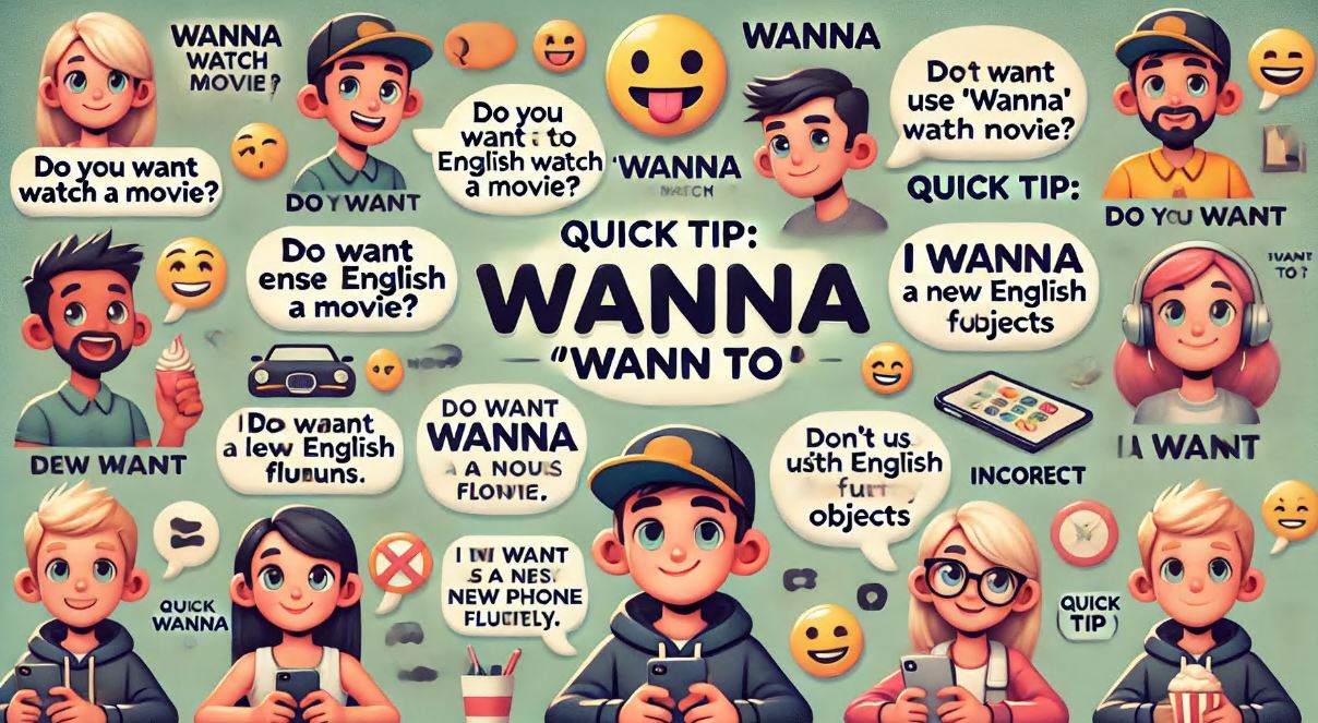 An educational graphic explaining 'Wanna (Want to)' as a Common Reduction in American English. The image features speech bubbles with example sentences showing how 'wanna' is used instead of 'want to,' along with a quick tip highlighting incorrect usage with nouns. Friendly emojis and a casual conversation-style layout make the learning experience engaging.