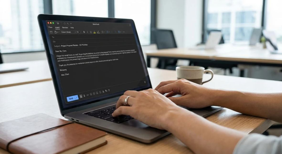 Employee writing polite business email request in professional office setting.