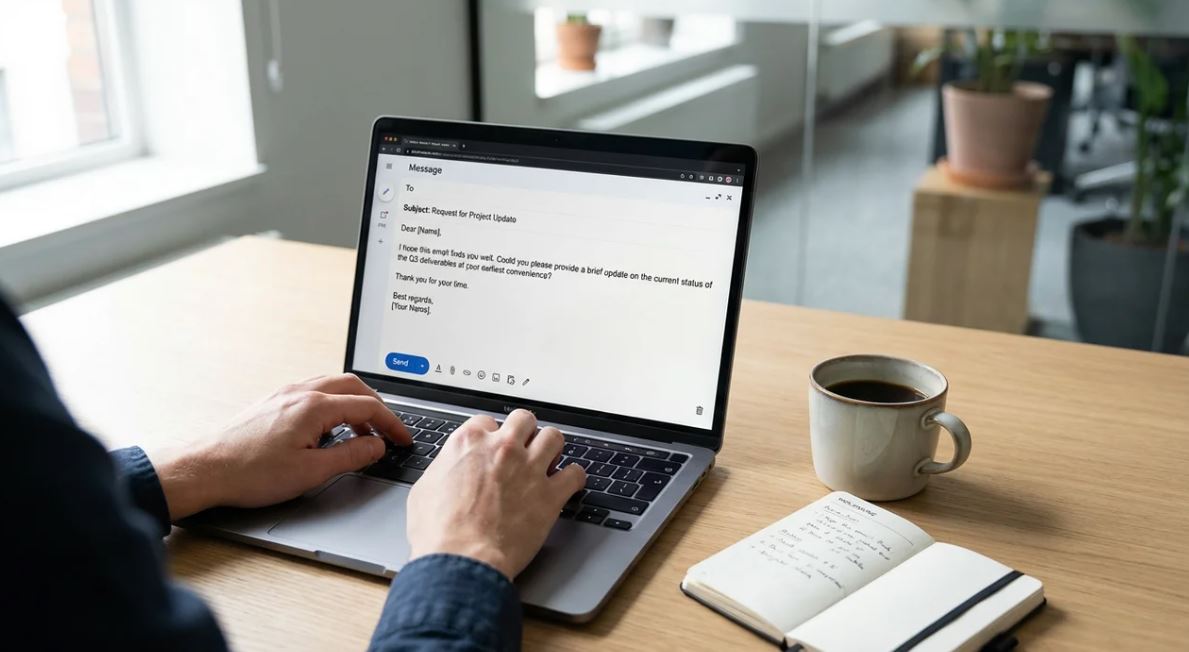 Employee writing polite email request with appreciation in professional workplace.