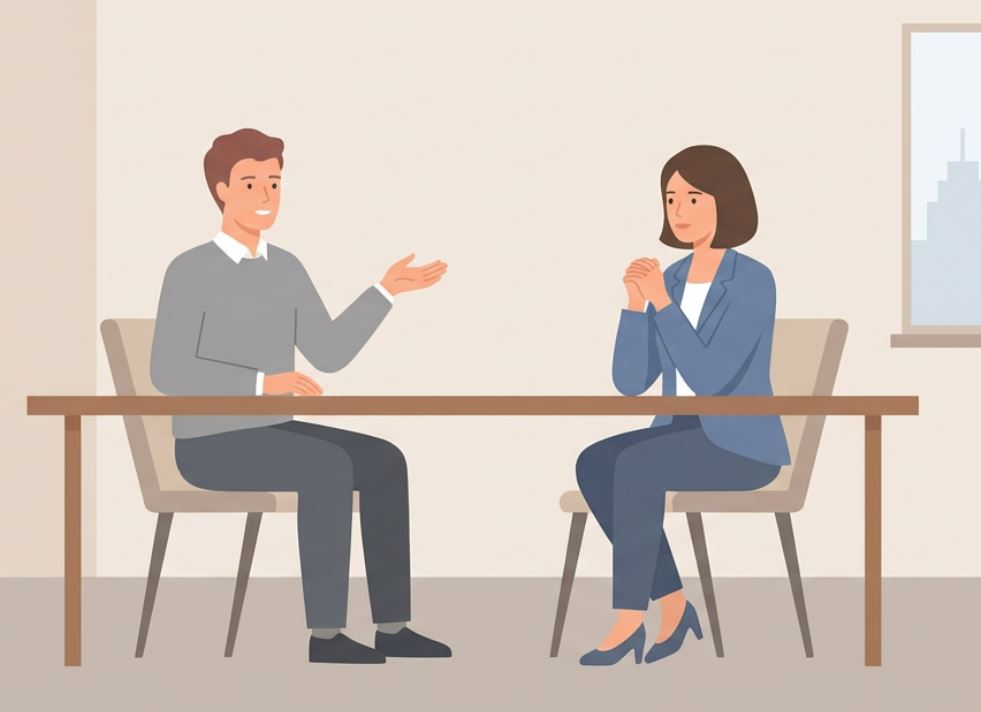 Two professionals having a calm accountability conversation in an American workplace, representing professional apologies and Business English communication.