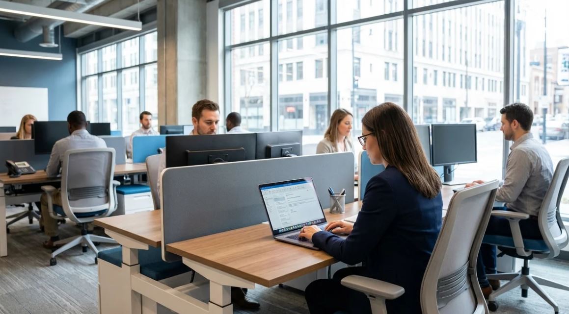 Professional reading email with ASAP request in modern American office workplace.