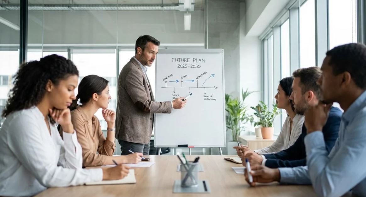 Professional explaining future plan using "going forward" in workplace meeting.