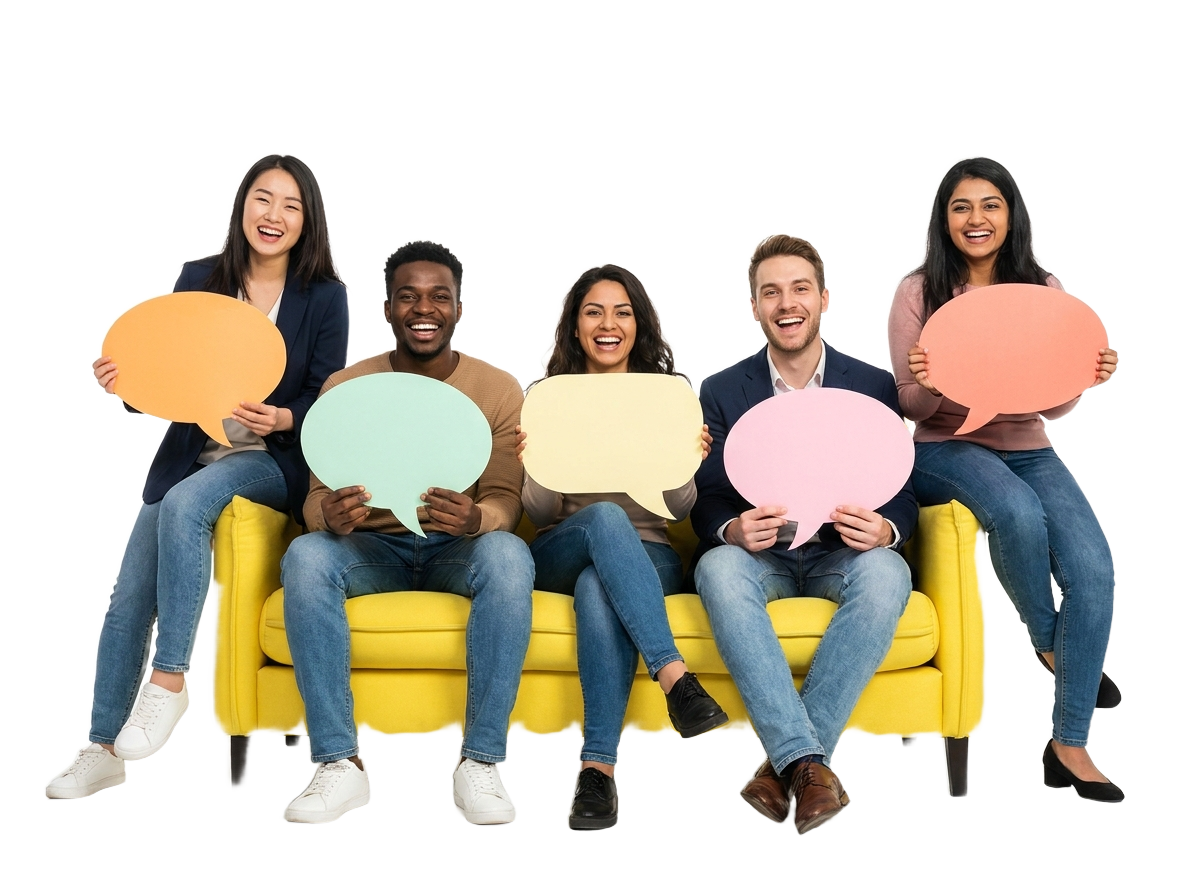 Diverse group of five happy language learners on a yellow couch holding colorful speech bubbles