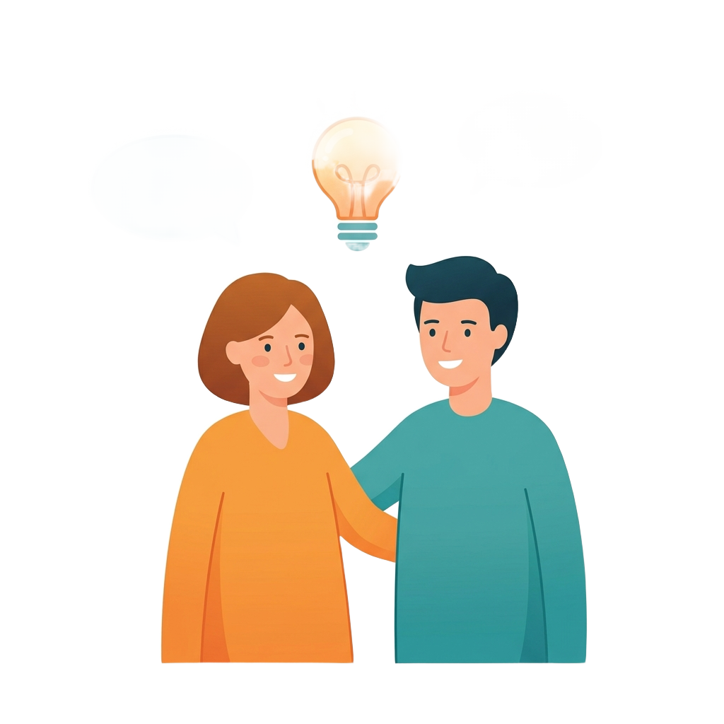 Illustration of two co-founders with a lightbulb idea and speech bubbles