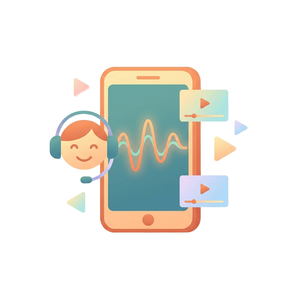 Illustration of a phone app with AI waveform, coach and video lessons