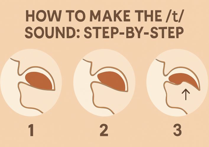 A minimal side-view illustration showing tongue placement at the alveolar ridge to demonstrate how to produce the American /t/ sound.