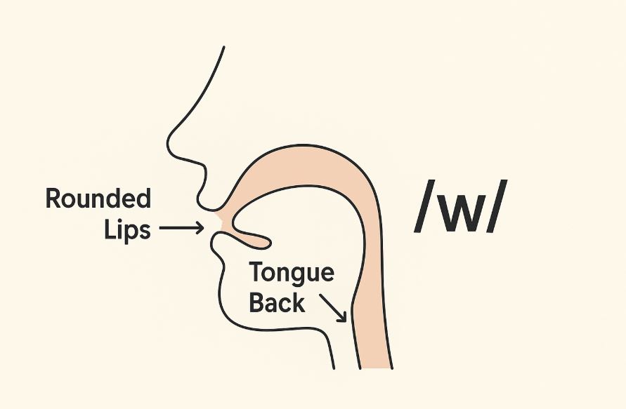 A minimalistic educational illustration showing the lip rounding and tongue position involved in producing the American /w/ sound, with simplified side-view anatomy on a light background.