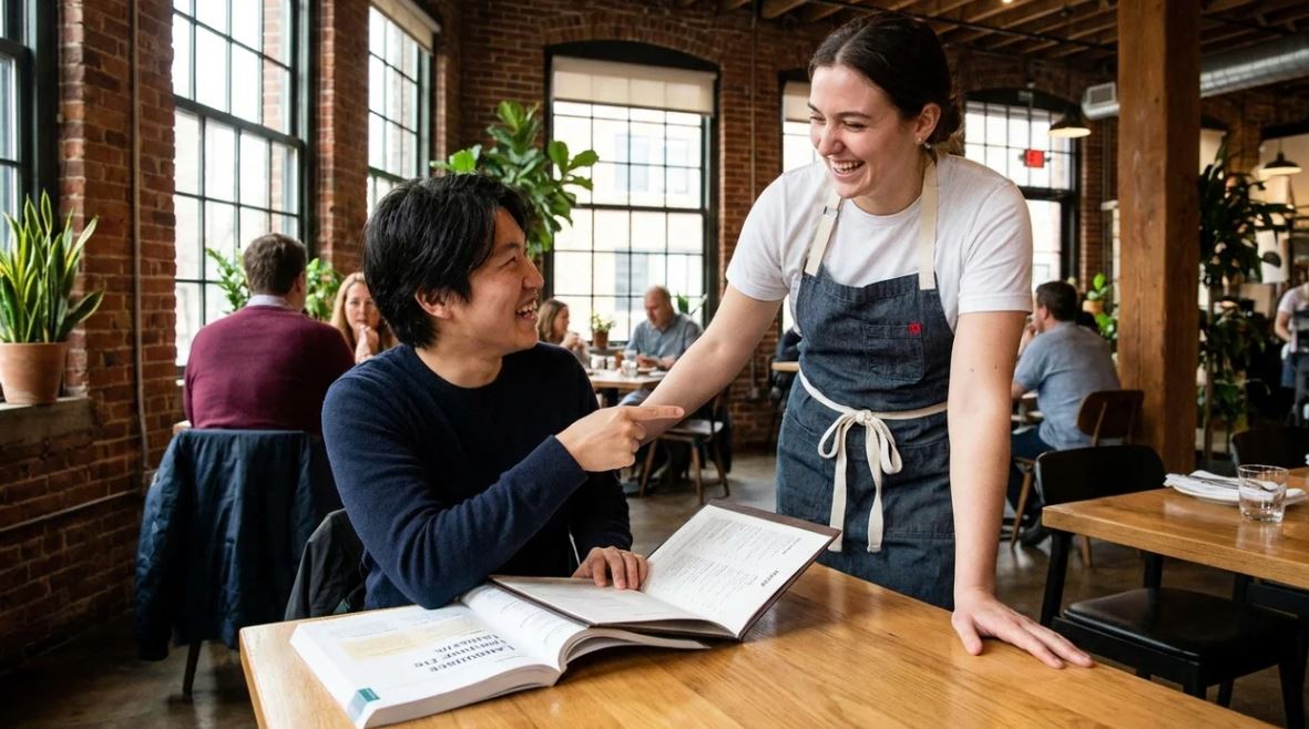 English learner reading a restaurant menu and ordering food from a server at an American restaurant.