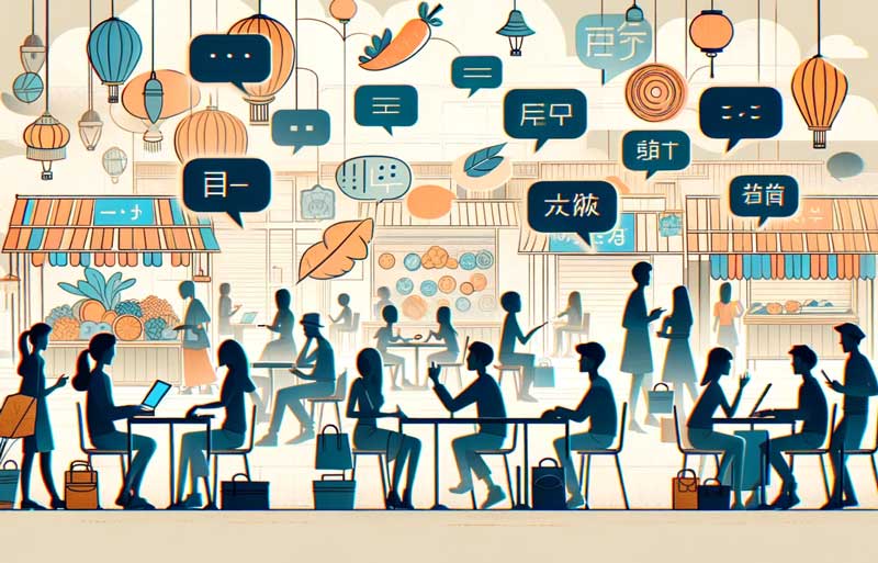 Here's a minimalistic blog image that captures the concept of role-play in spoken English and language learning within a classroom setting.
