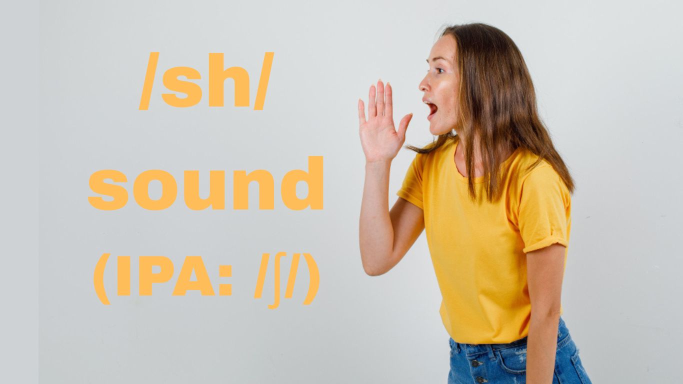 A close-up photo of a woman pronouncing the /ʃ/ sound, with rounded lips and relaxed expression, representing American English pronunciation.