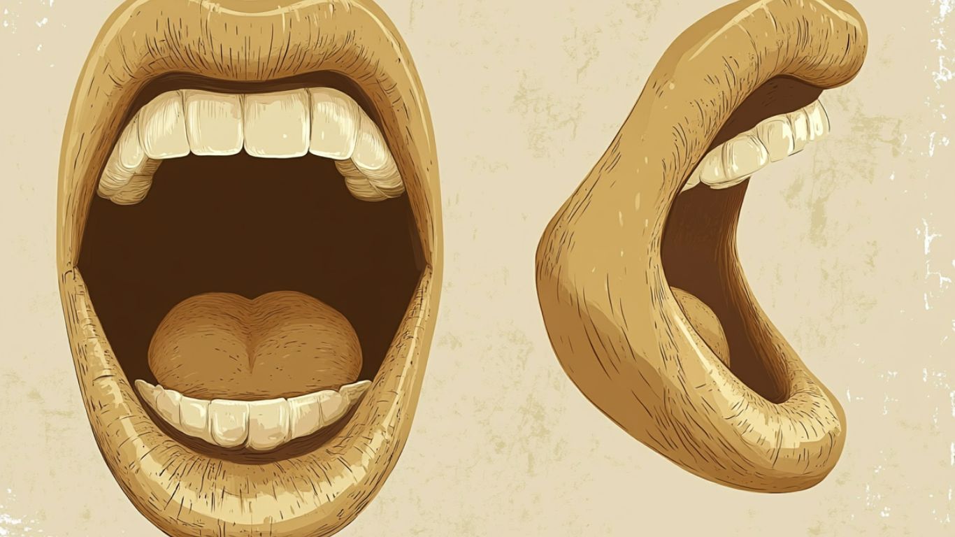 Side-view illustration of the mouth showing the tongue touching the inside of the upper front teeth while the vocal cords are activated—representing the voiced /ð/ sound in words like “this” and “those.”