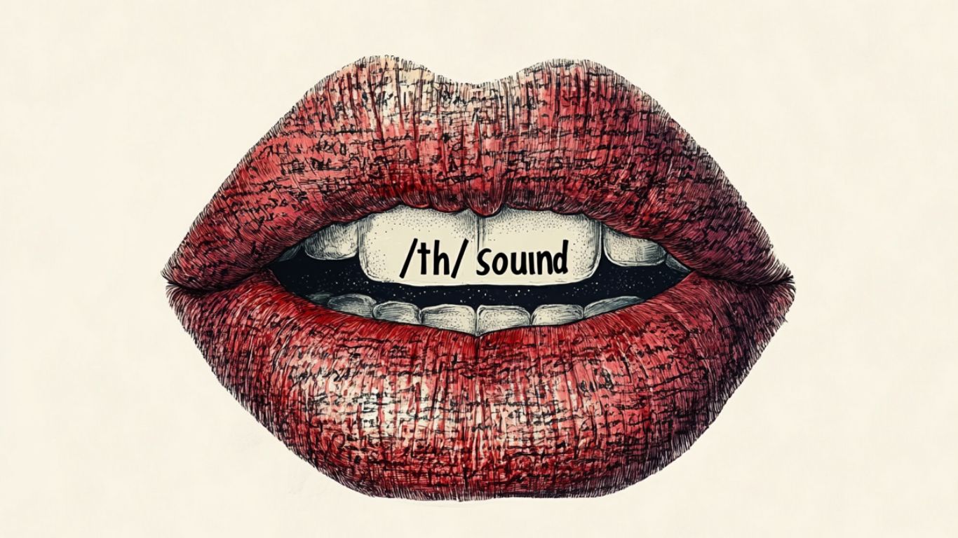 Diagram of tongue placement for the voiceless /θ/ sound, with the tip of the tongue visible between the teeth, airflow moving outward, and no vocal cord vibration indicated—used in words like “think” and “bath.”