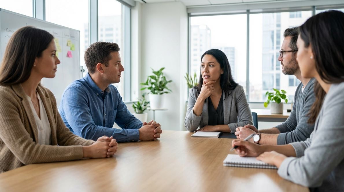Professional giving honest feedback in a workplace meeting using "to be honest".