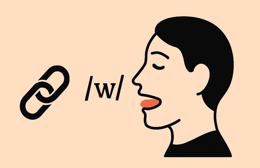 Minimal illustration of lips forming the American /w/ sound with airflow arrows, centered on a wide, clean background.