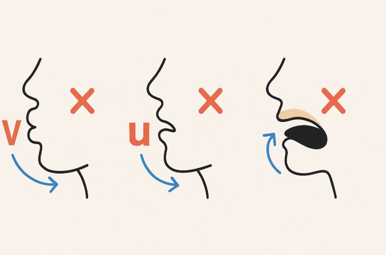 A minimal 2D illustration showing three people each mispronouncing the American /w/ sound—one confusing it with /v/, one exaggerating lip rounding, and one replacing it with /u/.