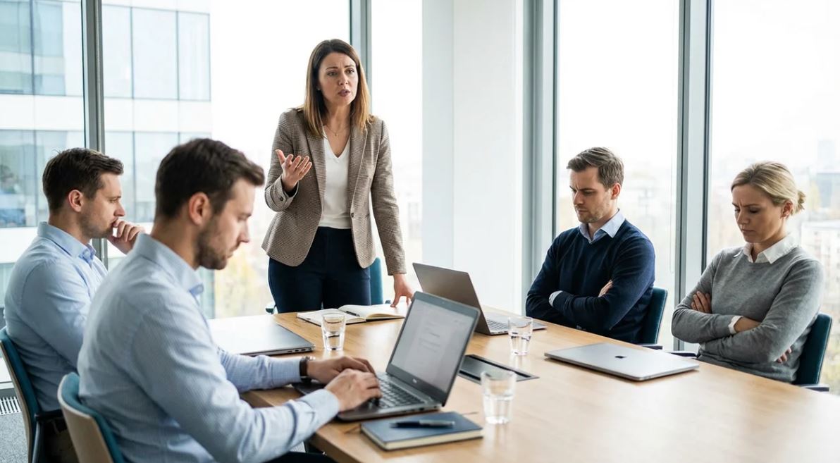 Professional expressing disagreement using "with all due respect" in workplace meeting.