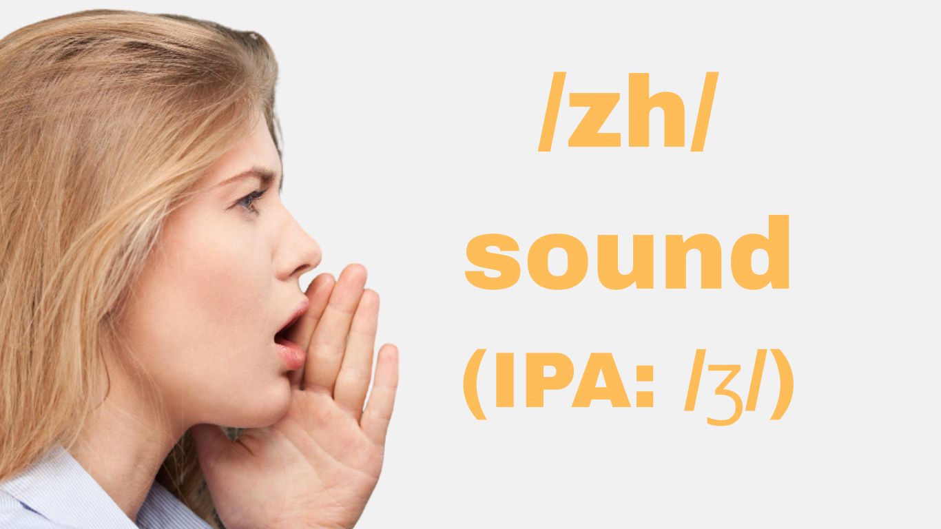 A person speaking with a focused expression, emphasizing the /ʒ/ sound in the word "vision," with phonetic symbols and sound waves in the background.